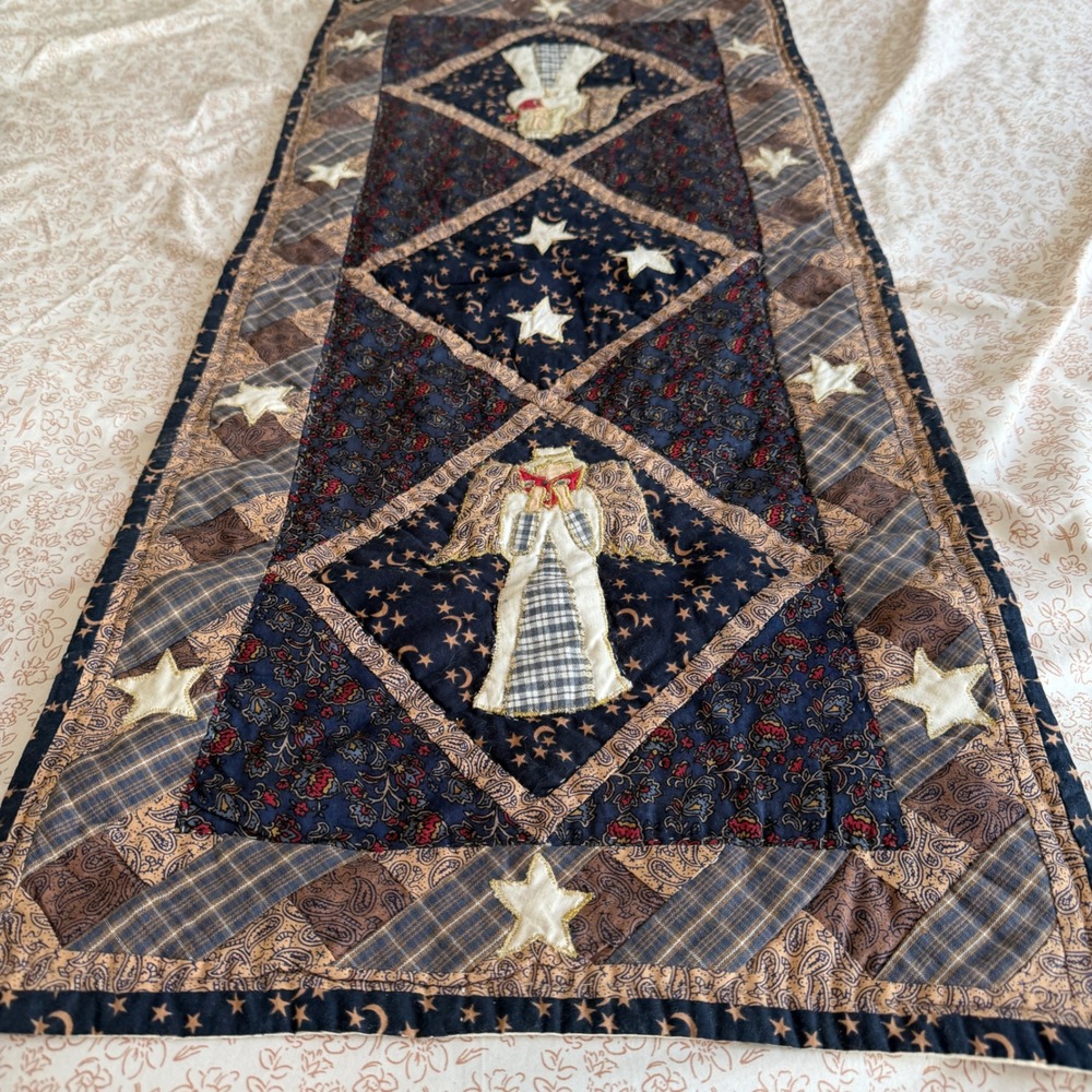 Handmade Quilted Table Runner Angel Star Patchwork Navy Country 35x15 Christmas